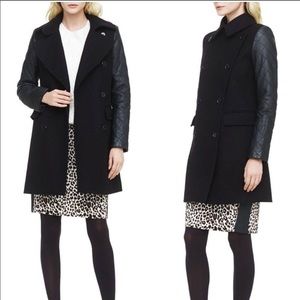 Club Monaco Carolina Wool Pea Coat with Quilted Leather Sleeves - Black - Small